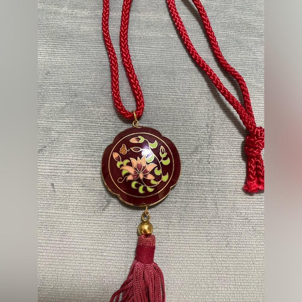 Vintage Asian Cloisonné, enamel tassel pendant with red cord 14 inch hang EUC